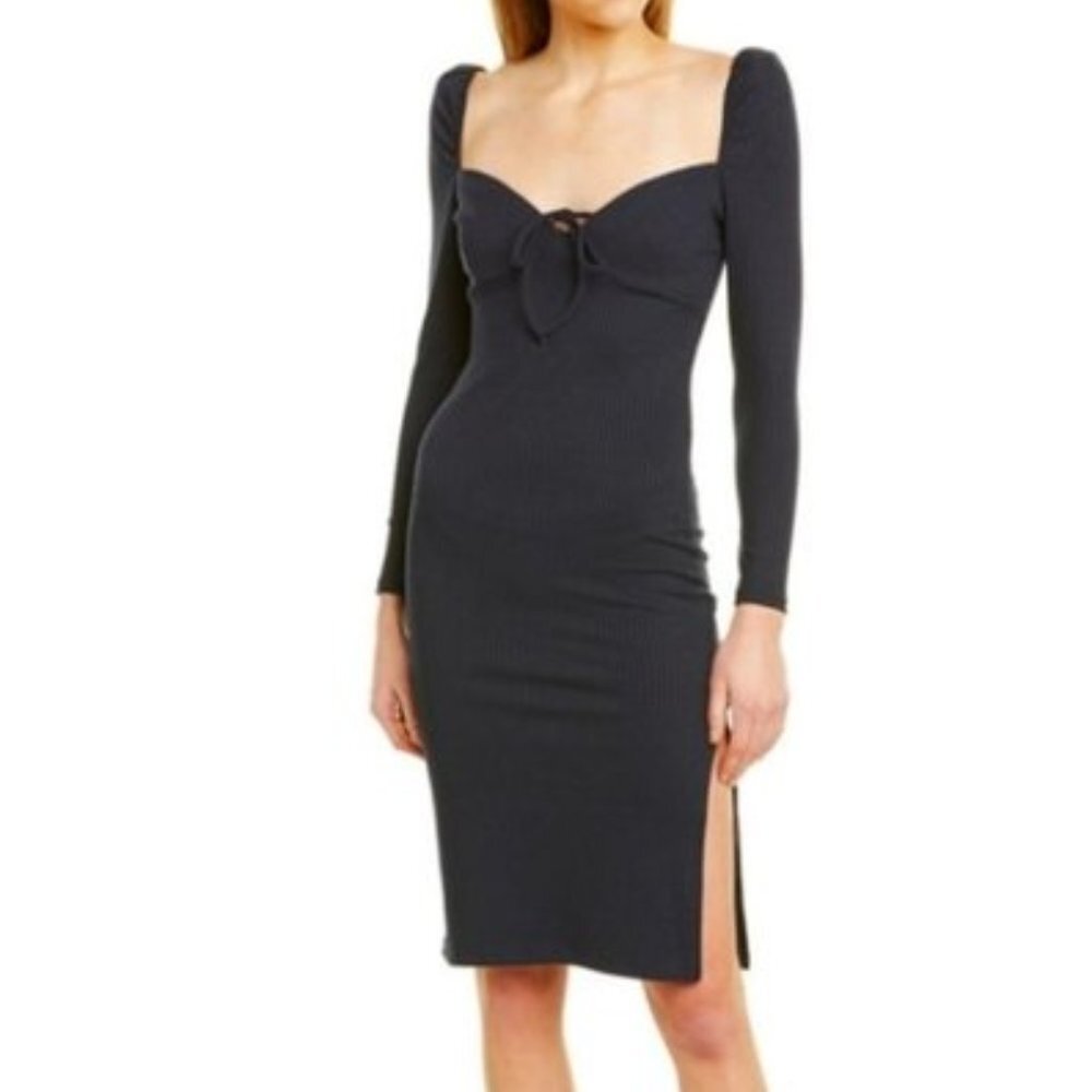 Anthropologie Black Long-Sleeve Midi Dress with Front Tie